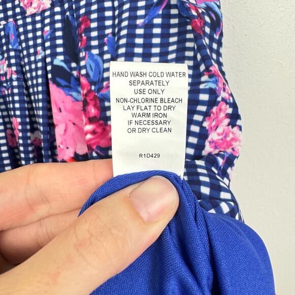 Chris McLaughlin | Blue White Checker Pink Floral Ruffle V-Neck Cap Sleeve Dress - Picture 12 of 12